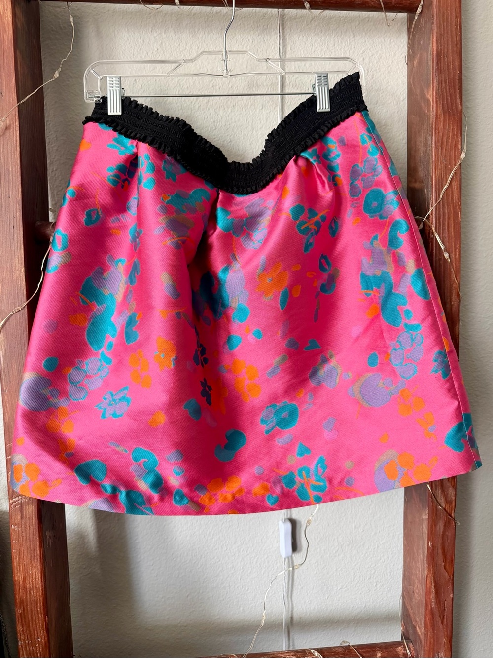 NAF NAF - Pink Floral Print A-Line Skirt with Black Waist Trim